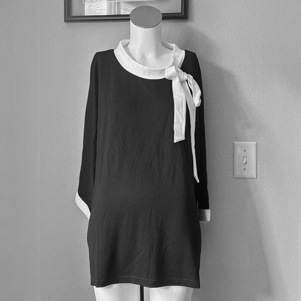 Aleeza Paris Womens Top 4X Black White Contrast Tie Shoulder Short Sleeve Blouse